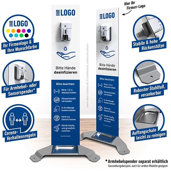 Desi-Station SOLID für Armhebel- oder Sensorspender, Farbstil blau – Desinfektionsstation